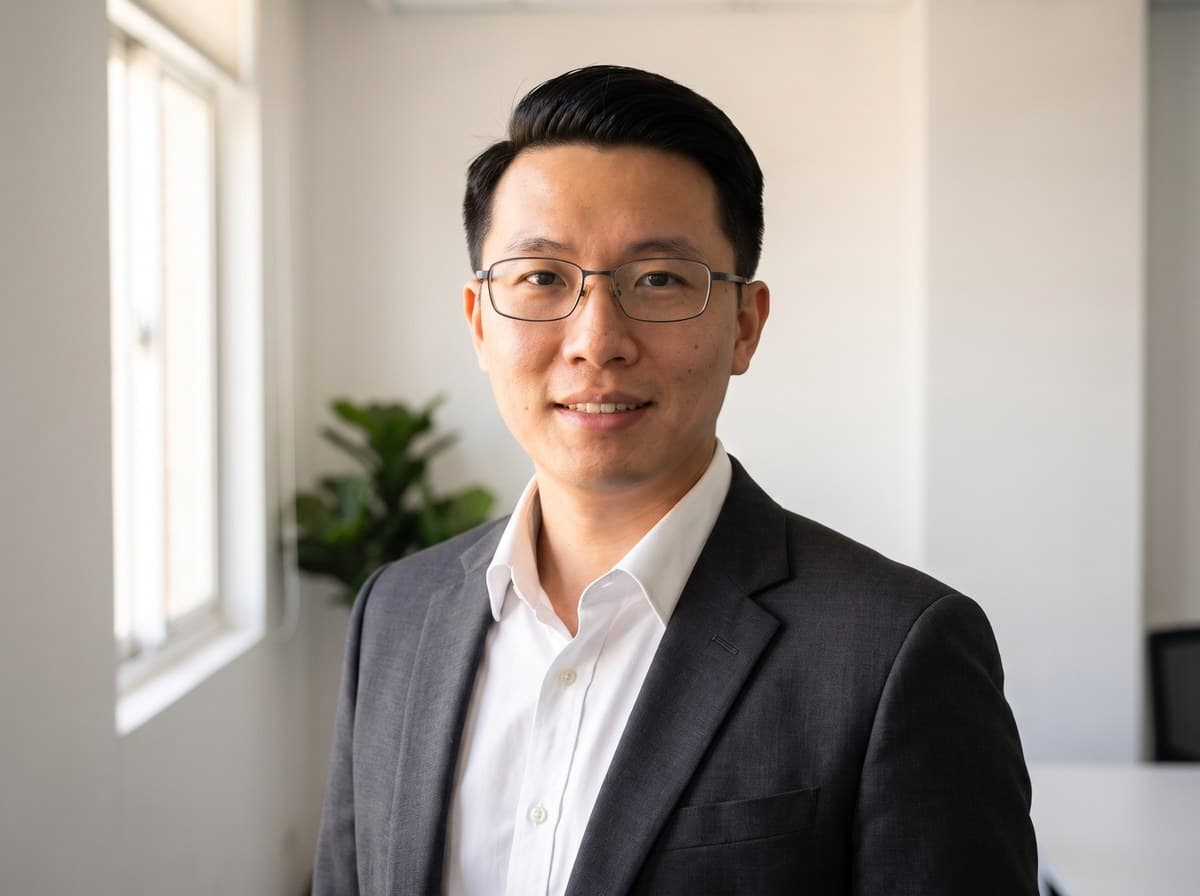 Cabinet portrait — financial advisor in a minimalist office, warm window light